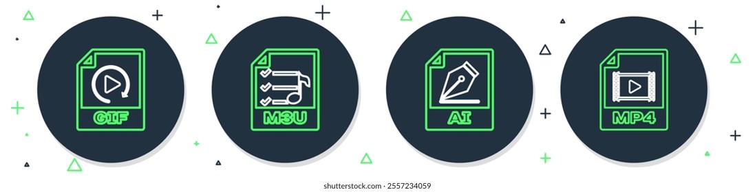 Set line M3U file document, AI, GIF and MP4 icon. Vector