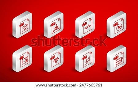 Set line M3U file document, OBJ, HTML, WMA, WAV, RAW, RUBY and GIF icon. Vector