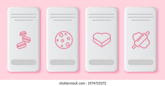 Set Line Macaron Cookie, Cookie Or Biscuit, Candy In Heart Shaped Box And Rolling Pin Dough. White Rectangle Button. Vector