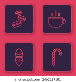 Set line Macaron cookie, Bread loaf, Coffee cup and Christmas candy cane. Blue square button. Vector