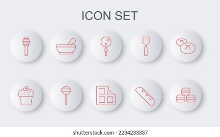 Set line Macaron cookie, Cake, Lollipop, French baguette bread, Honey dipper stick, Mortar and pestle,  and Chocolate bar icon. Vector
