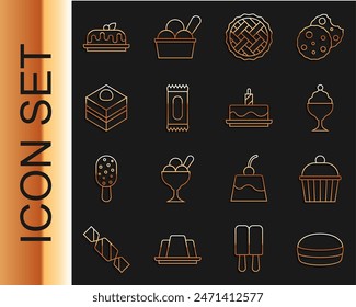 Set line Macaron Keks, Kuchen, Eis in Schüssel, hausgemachte Kuchen, Süßigkeiten, Brownie Schokoladenkuchen und mit brennenden Kerzen Ikone. Vektorgrafik