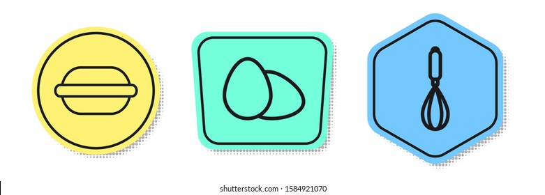 Set line Macaron cookie , Chicken egg  and Kitchen whisk . Colored shapes. Vector