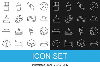 Set line Macaron cookie, Donut, Jelly cake, Candy, Cookie or biscuit, Pudding custard, Chocolate bar and Piece of icon. Vector