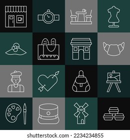 Set line Macaron cookie, Easel or painting art boards, Croissant, French cafe, baguette bread, Elegant women hat, Coffee shop and Triumphal Arch icon. Vector
