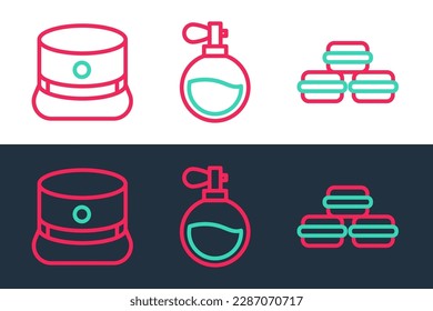 Set line Macaron cookie, Kepi and Perfume icon. Vector
