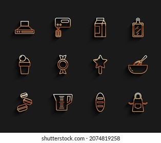 Set line Macaron cookie, Measuring cup, Kitchen extractor fan, Bread loaf, apron, Candy, whisk bowl and Lollipop icon. Vector