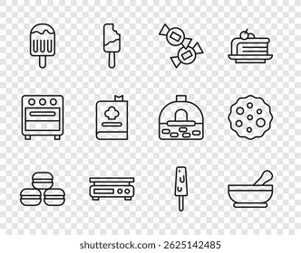 Definir linha Macaron cookie, Mortar e pilão, Doce, Balanças eletrônicas, Sorvete, Cookbook, e Biscoito Cookie ícone. Vetor