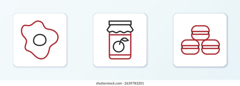 Set line Macaron cookie, Scrambled eggs and Jam jar icon. Vector