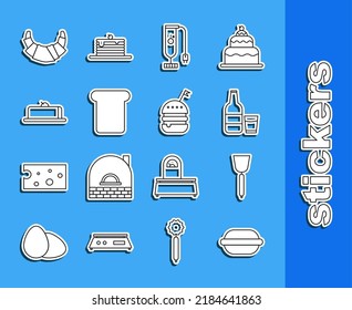 Set line Macaron cookie, Spatula, Glass bottle with milk and glass, Blender, Bread toast, Strawberry cheesecake slice, Croissant and Burger icon. Vector