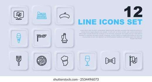 Set line Macaroni, Flag Italy, Carnival mask, Wine glass, Ice cream waffle, Pizza, Coliseum and Italian cook icon. Vector