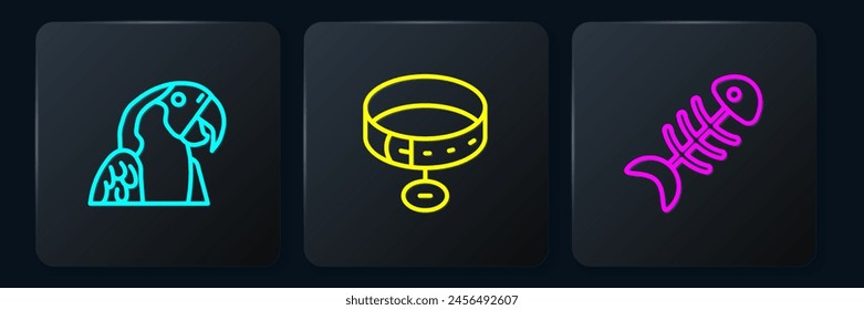 Set line Macaw parrot, Fish skeleton and Collar with name tag. Black square button. Vector