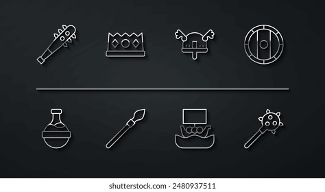 Set line Mace con espigas, Botella poción, Escudo vikingo, barco vikingo Drakkar, Lanza medieval, Corona del Rey, y el icono del casco con cuernos. Vector