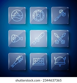 Set line Mace with spikes, King crown, Viking horned helmet, Medieval poleaxe, sword, Chicken leg, Sea and waves and arrows icon. Vector