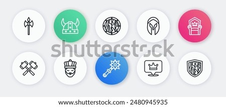 Set line Mace with spikes, Medieval throne, Crossed battle hammers, King crown, helmet, Round wooden shield, Shield and  icon. Vector