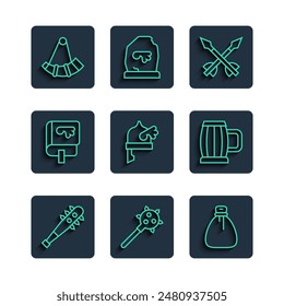 Set line Mace con pinchos, bolsa de dinero viejo, flechas medievales, vikingo en casco con cuernos, libro, caza y taza de cerveza de madera icono. Vector