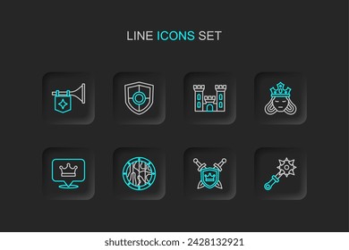 Mace con espinas, espadas de escudo, escudo de madera redondo, corona del rey, reina de la princesa, castillo e icono de la bandera de la trompeta. Vector