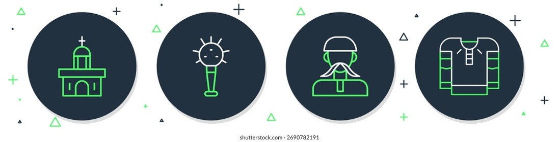 Set line Mace, cosaco ucraniano, edificio de la iglesia y icono de camisa bordada. Vector