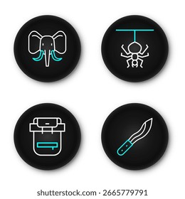 Set line Machete, Hiking backpack, Spider and Elephant icon. Vector