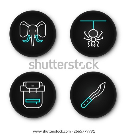 Set line Machete, Hiking backpack, Spider and Elephant icon. Vector