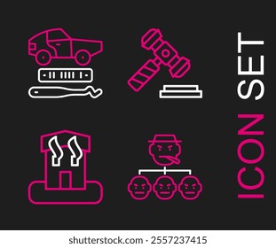 Set line Mafia, Arson home, Judge gavel and Car theft icon. Vector