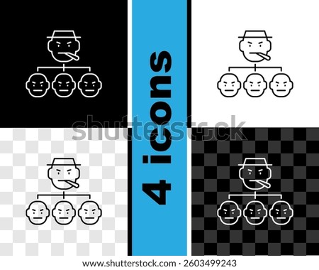 Set line Mafia icon isolated on black and white, transparent background. Boss and gangsters.  Vector