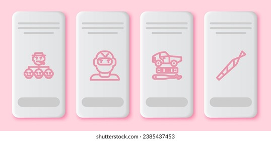 Set line Mafia, Thief mask, Car theft and Marijuana joint. White rectangle button. Vector