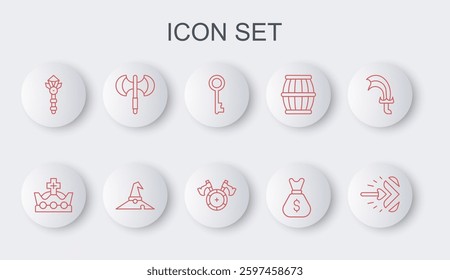 Set line Magic arrow, King crown, Old key, money bag, wand, Medieval poleaxe, Witch hat and shield with icon. Vector