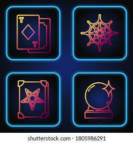Set line Magic Ball, Alte Magie Buch, Spielkarten und Spider Web. Farbsymbole. Vektorgrafik