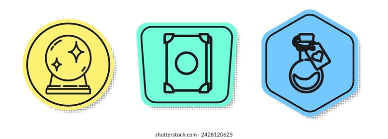 Set line Magic ball, Ancient magic book and Bottle with love potion. Colored shapes. Vector