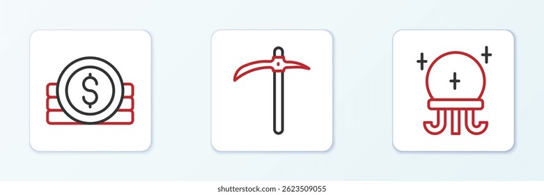 Set Linie Magic Ball, Antike Münze und Pickaxe Symbol. Vektorgrafik