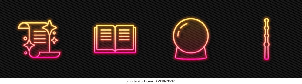 Set-Linie Magic Ball, Antikes Zauberbuch und Zauberstab. Leuchtendes Neonsymbol. Vektorgrafik