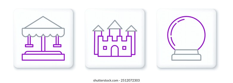 Set line Magic ball, Attraction carousel and Castle icon. Vector