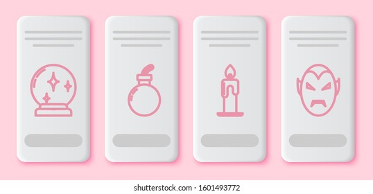Set line Magic ball , Bomb ready to explode , Burning candle  and Vampire . White rectangle button. Vector