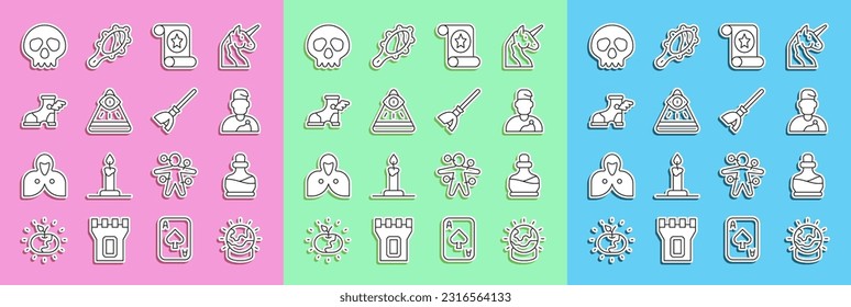 Set line Magic ball, Bottle with potion, Wizard warlock, scroll, Masons, Hermes sandal, Skull and Witches broom icon. Vector