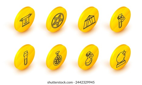 Set line Magic ball, Bottle with love potion, Unicycle or one wheel bicycle, Circus tent, Pentagram in circle and scroll icon. Vector