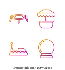 Set line Magic ball, Bumper car, Jumping trampoline and Attraction carousel. Gradient color icons. Vector