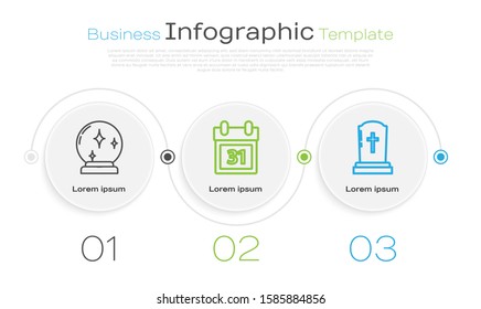 Set line Magic ball , Calendar with Halloween date 31 october  and Tombstone with cross . Business infographic template. Vector