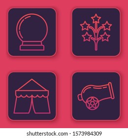 Set line Magic ball, Circus tent, Fireworks and Cannon. Blue square button. Vector