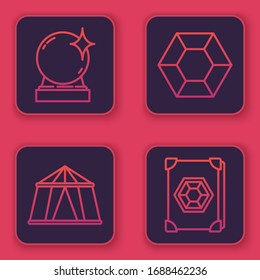Set line Magic ball, Circus tent, Magic stone and Ancient magic book. Blue square button. Vector