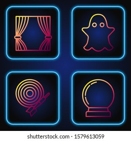 Set line Magic ball, Classic dart board and arrow, Curtain and Ghost. Gradient color icons. Vector