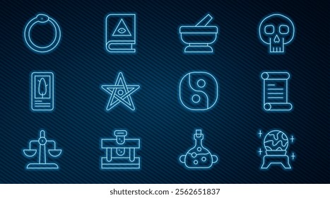 Set line Magic ball, Decree, parchment, scroll, Mortar and pestle, Pentagram, Tarot cards, Ouroboros, Yin Yang and Ancient magic book icon. Vector