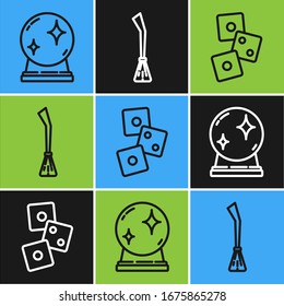 Fije la línea Magic ball, Game dice y Witches broom icono. Vector