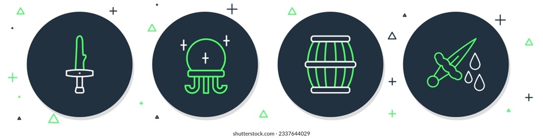 Fijar la línea bola mágica, el barril de pólvora, la daga y la espada con el icono de la sangre. Vector