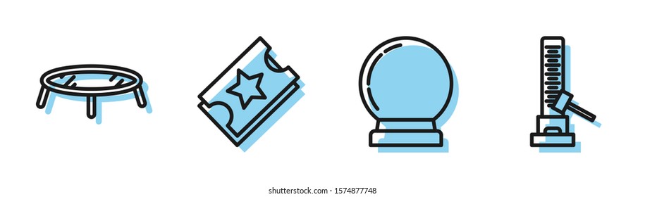 Set line Magic ball, Jumping trampoline, Ticket and High striker attraction with big hammer icon. Vector