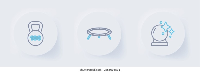 Set line Magic ball, Jumping trampoline and Weight icon. Vector