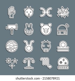Set line Magic ball, Libra zodiac, Astronomical observatory, Pisces, Rabbit, Telescope, Palmistry of the hand and Pig icon. Vector