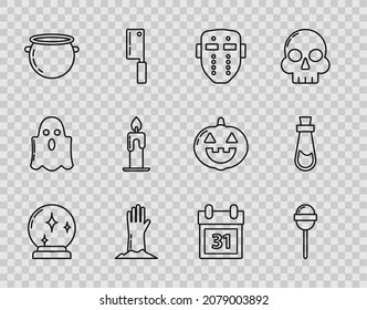 Set Line Magic Ball, Lollipop, Hockey Mask, Zombie Hand, Halloween Witch Cauldron, Burning Candle, Calendar With Date 31 October And Bottle Potion Icon. Vector