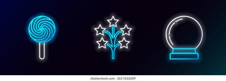 Set line Magic ball, Lollipop and Fireworks icon. Glowing neon. Vector