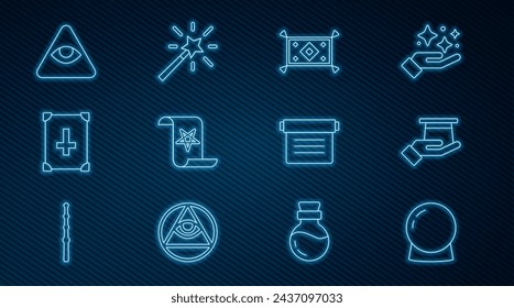 Set line Magic ball, Magician hat in hand, carpet, Ancient magic book, Masons,  and wand icon. Vector